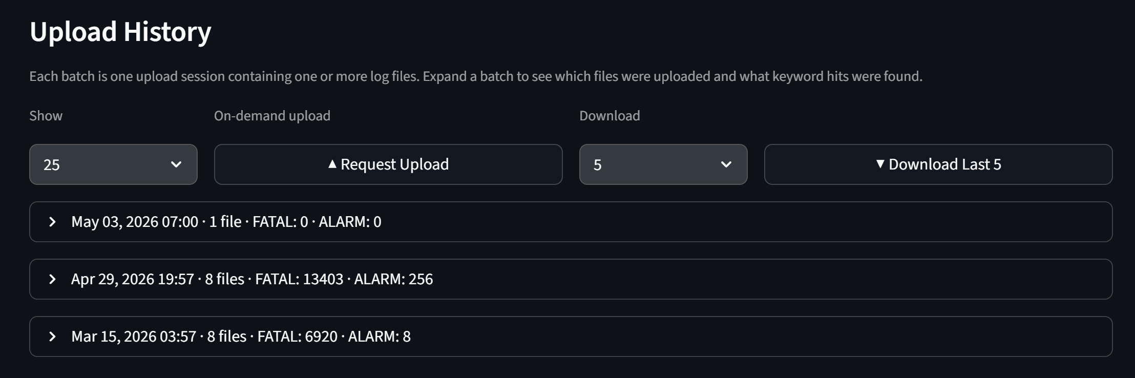 Batch history table showing rows of upload batches