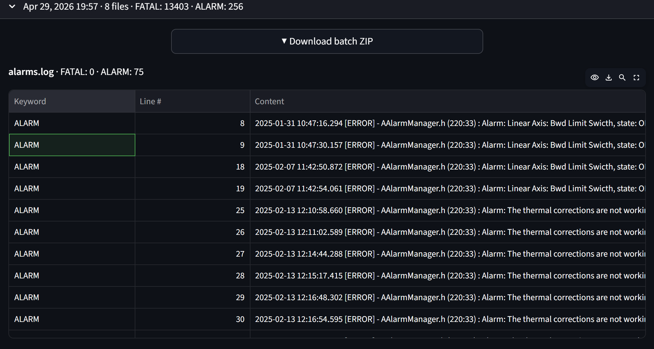 Log line viewer showing log entries with severity indicators