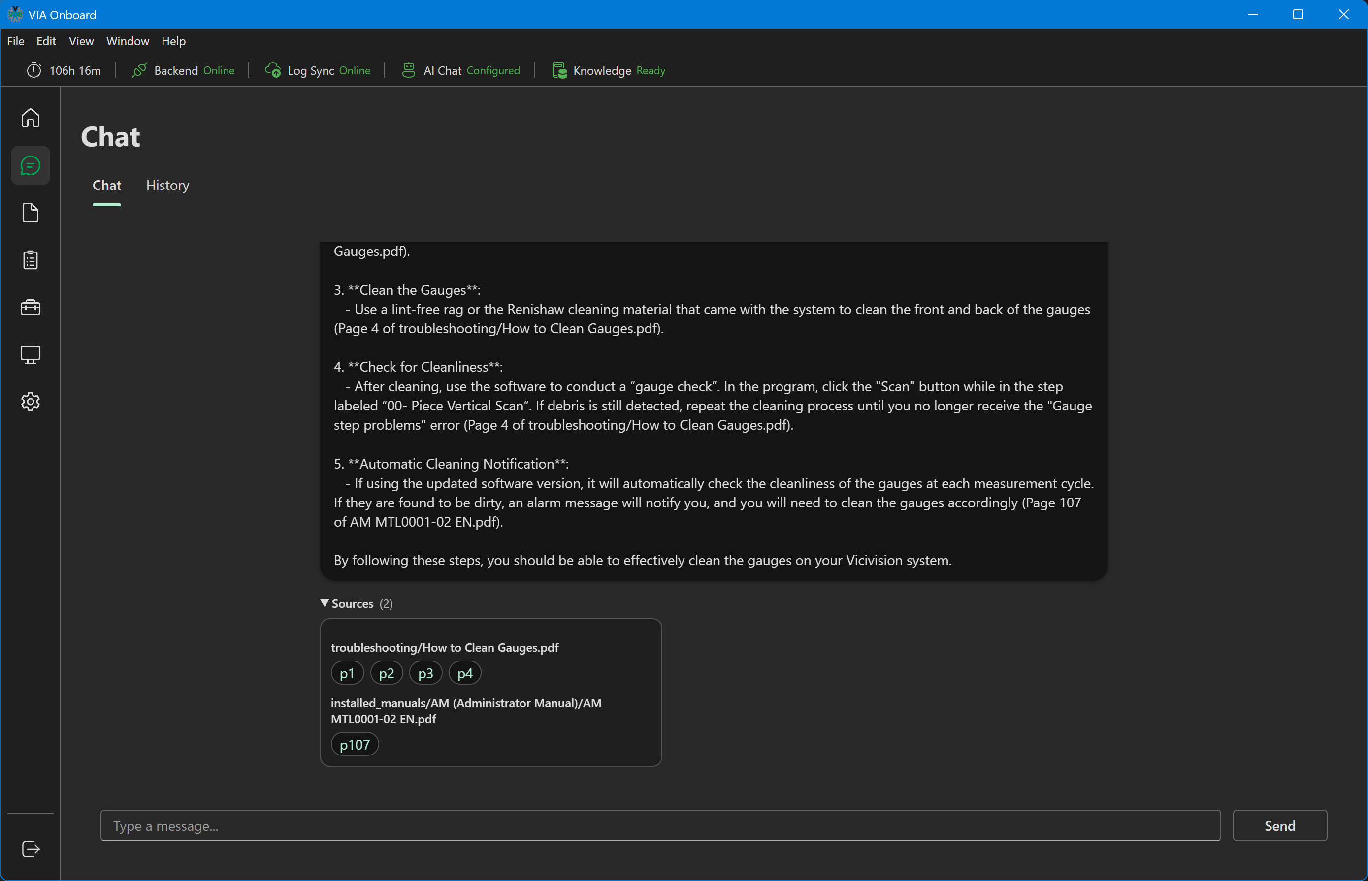 Chat response with a collapsible Sources panel listing cited documents and clickable page-number pills