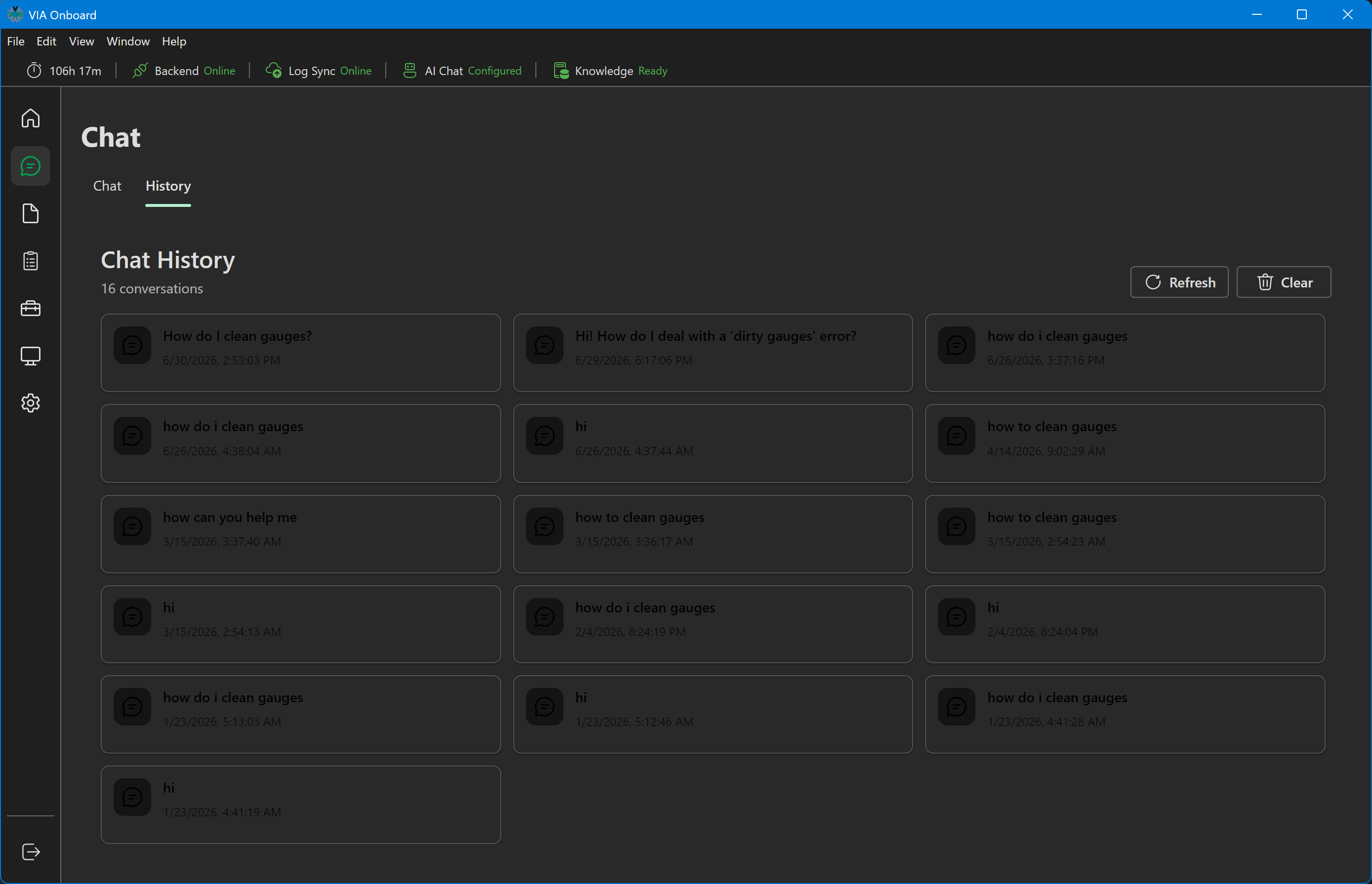 Chat History tab showing a grid of past conversations with first-message previews and timestamps, plus Refresh and Clear buttons