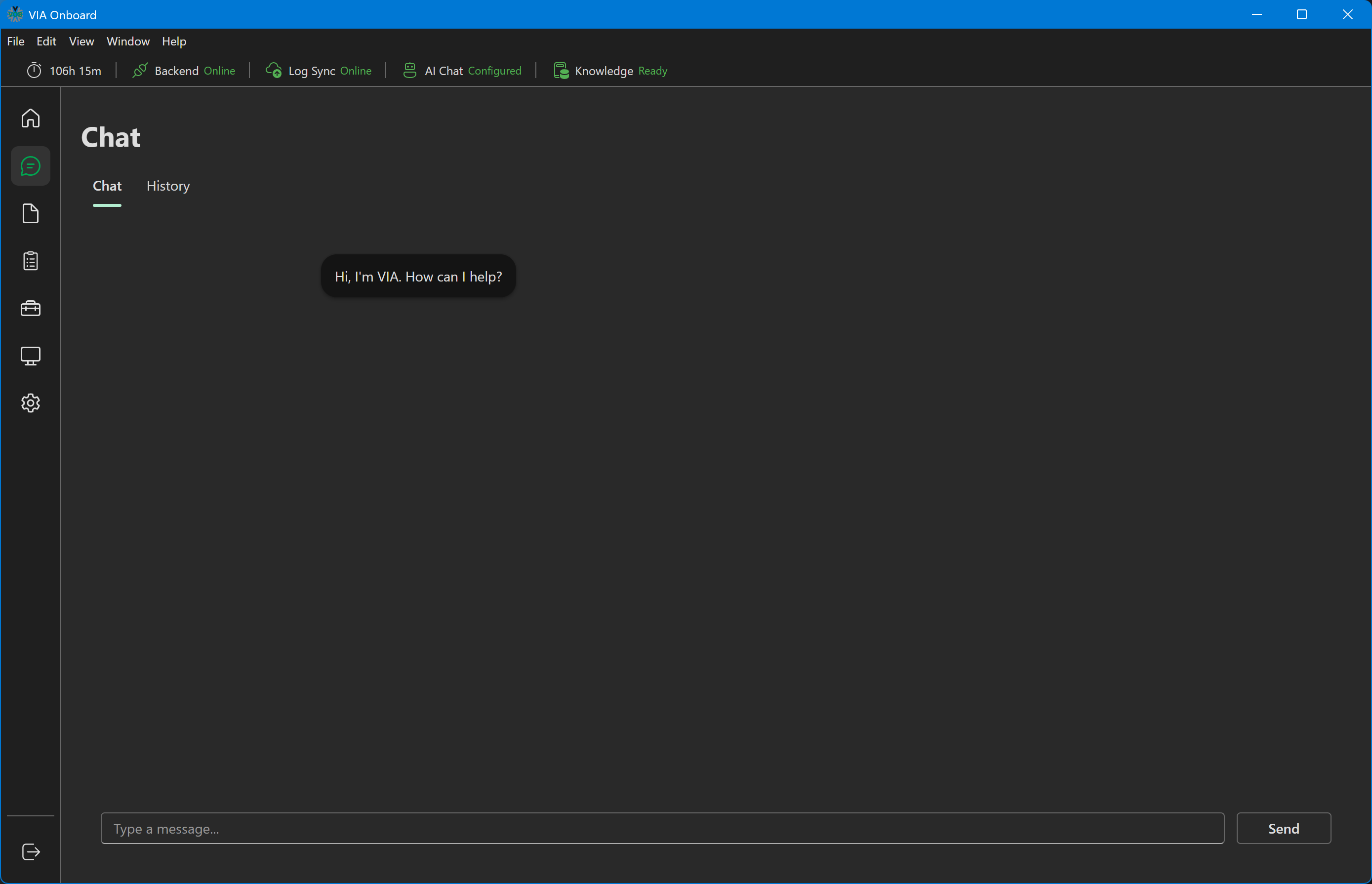 Chat page with a new conversation open, showing the greeting message and input box at the bottom