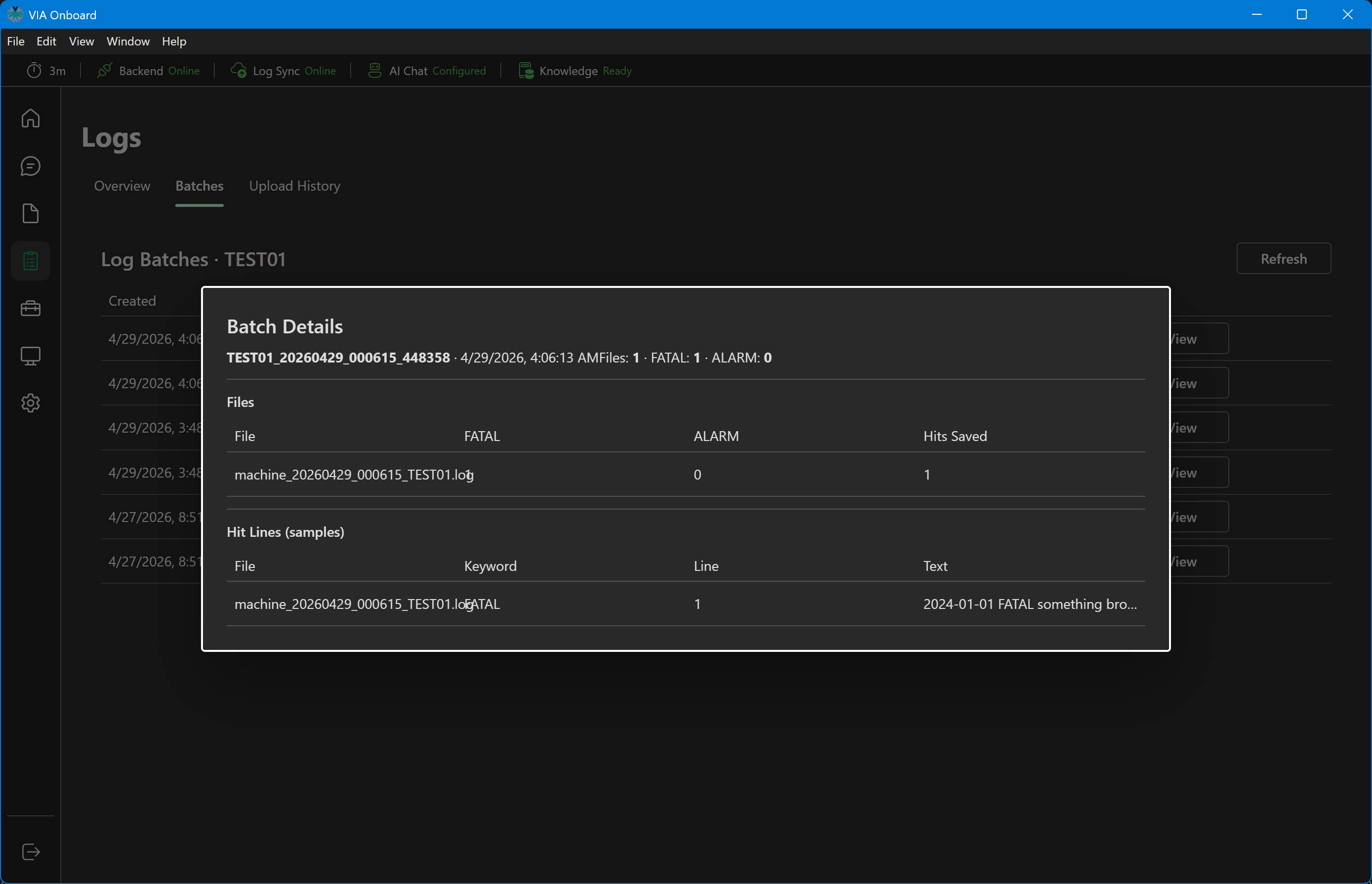 Logs Batches tab in the background with the Batch Details dialog open in front, showing per-file FATAL/ALARM counts and sample hit lines