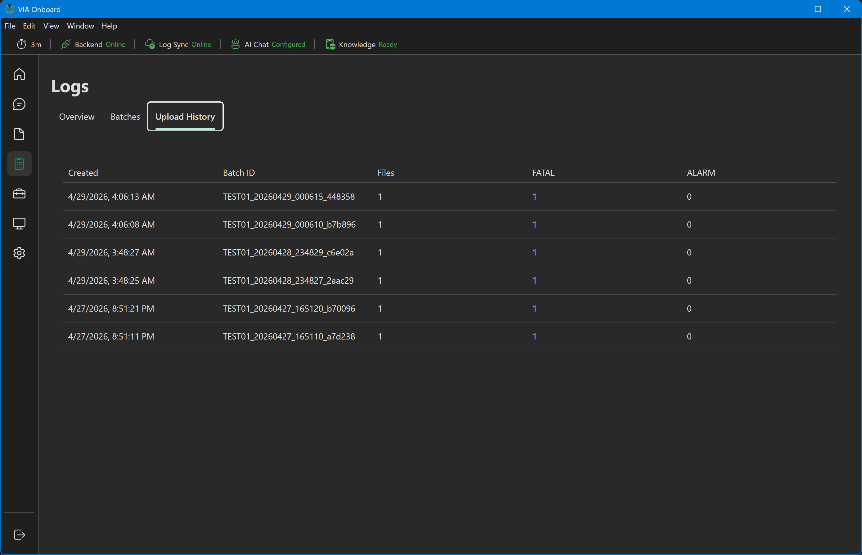 Logs Upload History tab showing a read-only table of past batches