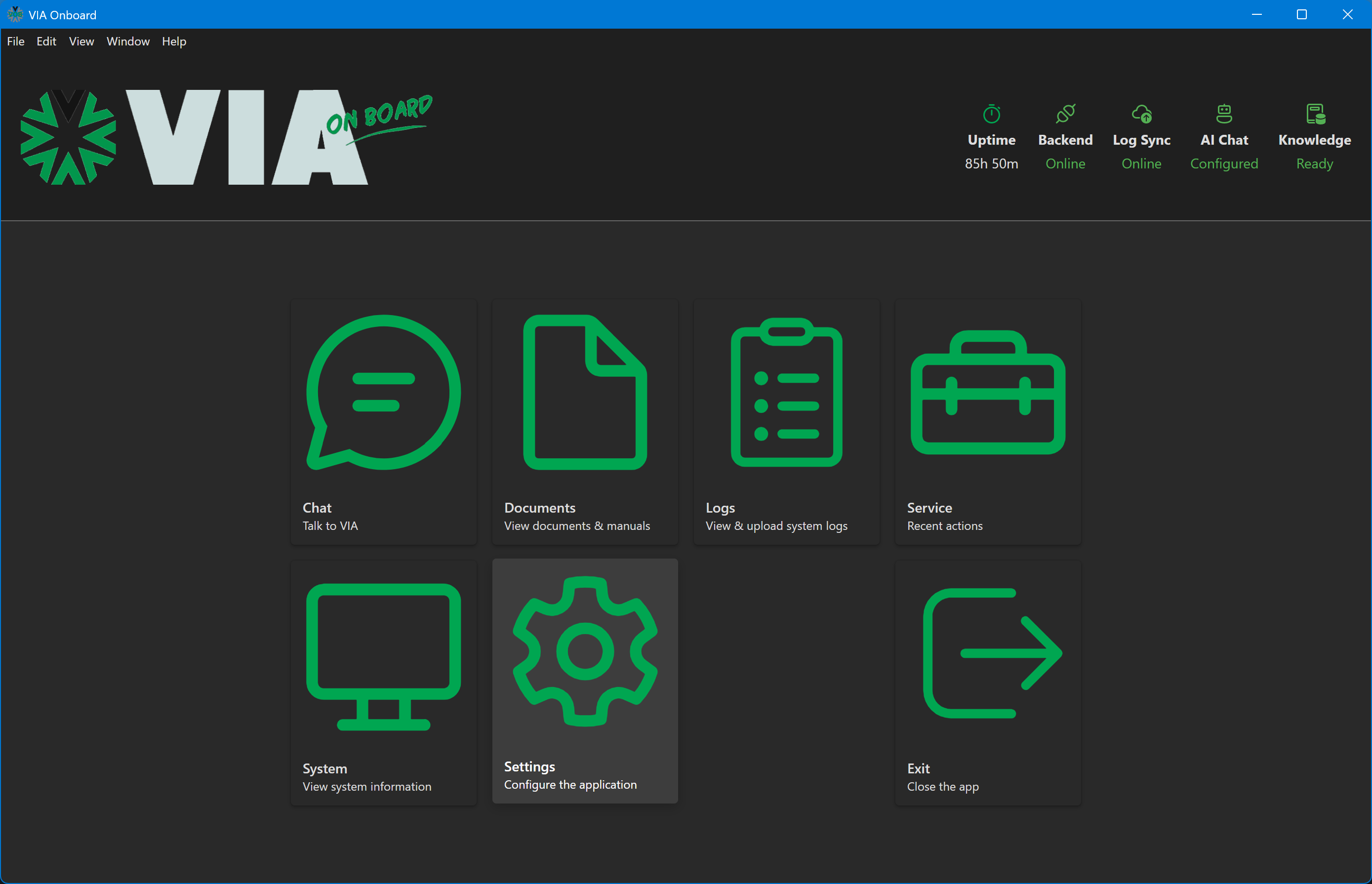 VIA Onboard main menu showing navigation cards for Chat, Documents, Logs, Service, System, and Settings